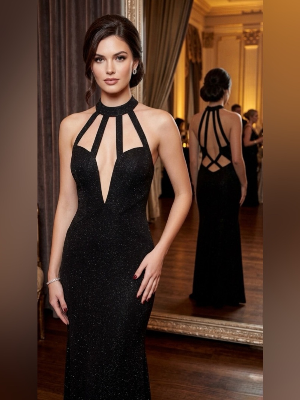 JVN JOVANI Woman Black Maxi Dress Gown Size 10 Formal Wedding Bridesmaid Cutout